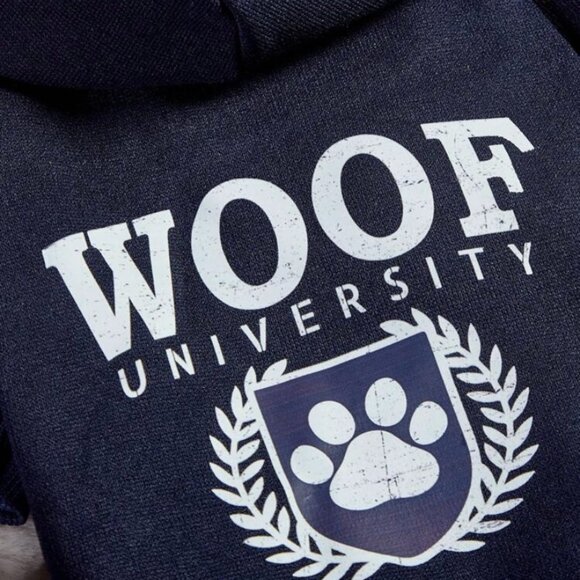 New PETSIN Dog Hooded Sweatshirt Woof University Letter Print, Navy, S & M - Picture 4 of 11